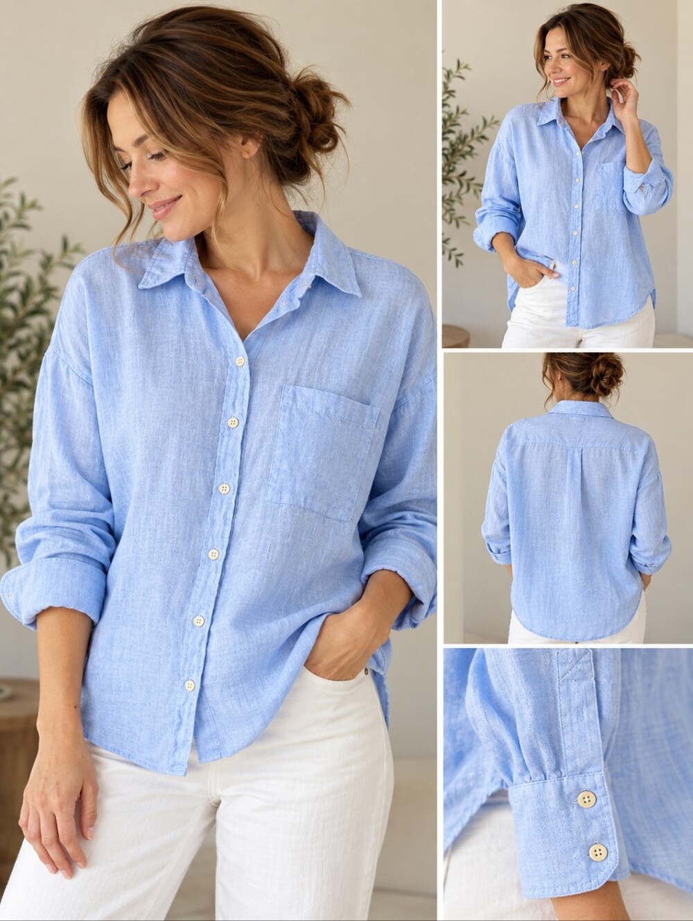 ZARA 100% Linen Light Blue Button Down Shirt Size M